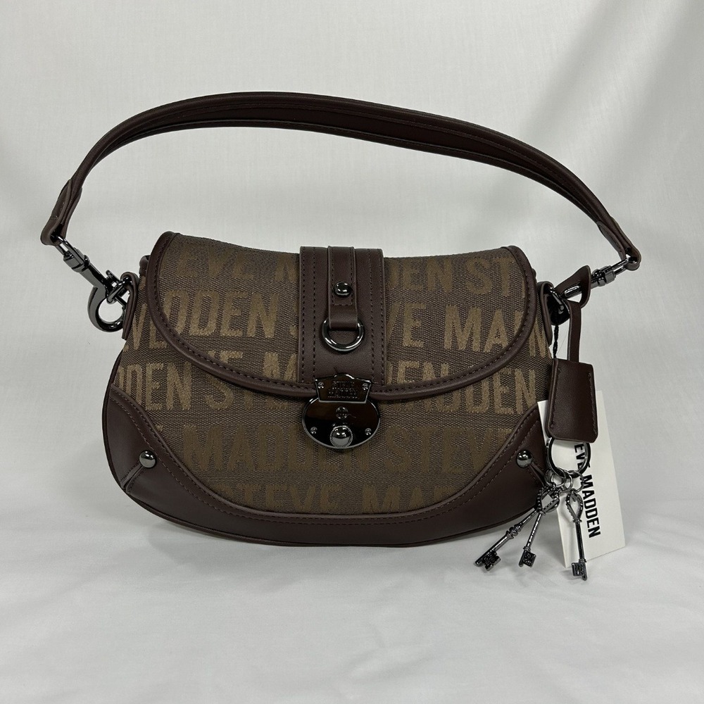 Steve Madden BBuffy Shoulder Bag Chocolate Brown Monogram Purse Keys NWT
